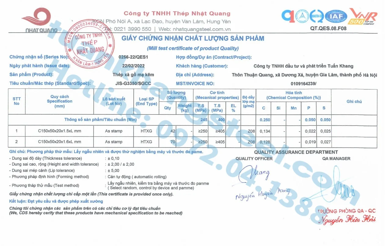 Chứng nhận chất lượng – Chứng chỉ xuất xưởng Ống thép, Hộp thép Nhật Quang | Certificate Of Product Quality SeAH