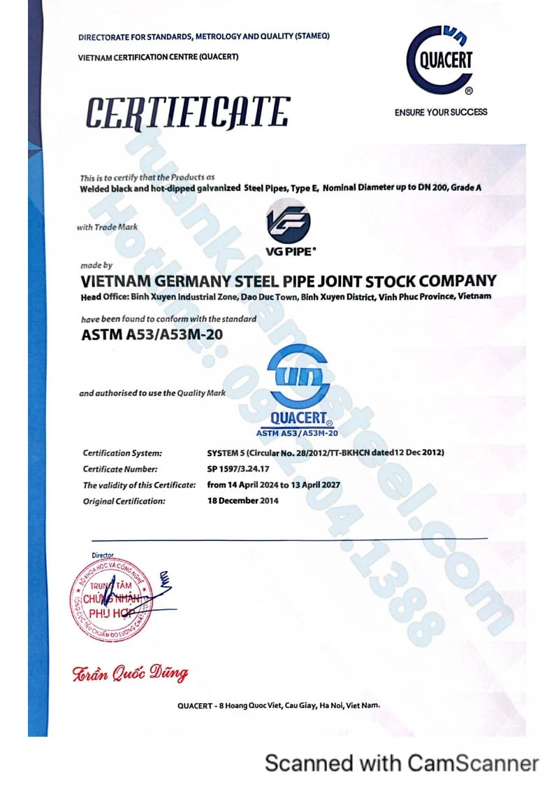 Bộ Hợp chuẩn – Hợp quy Ống thép Việt Đức mới nhất đến năm 2027 – Bản FULL