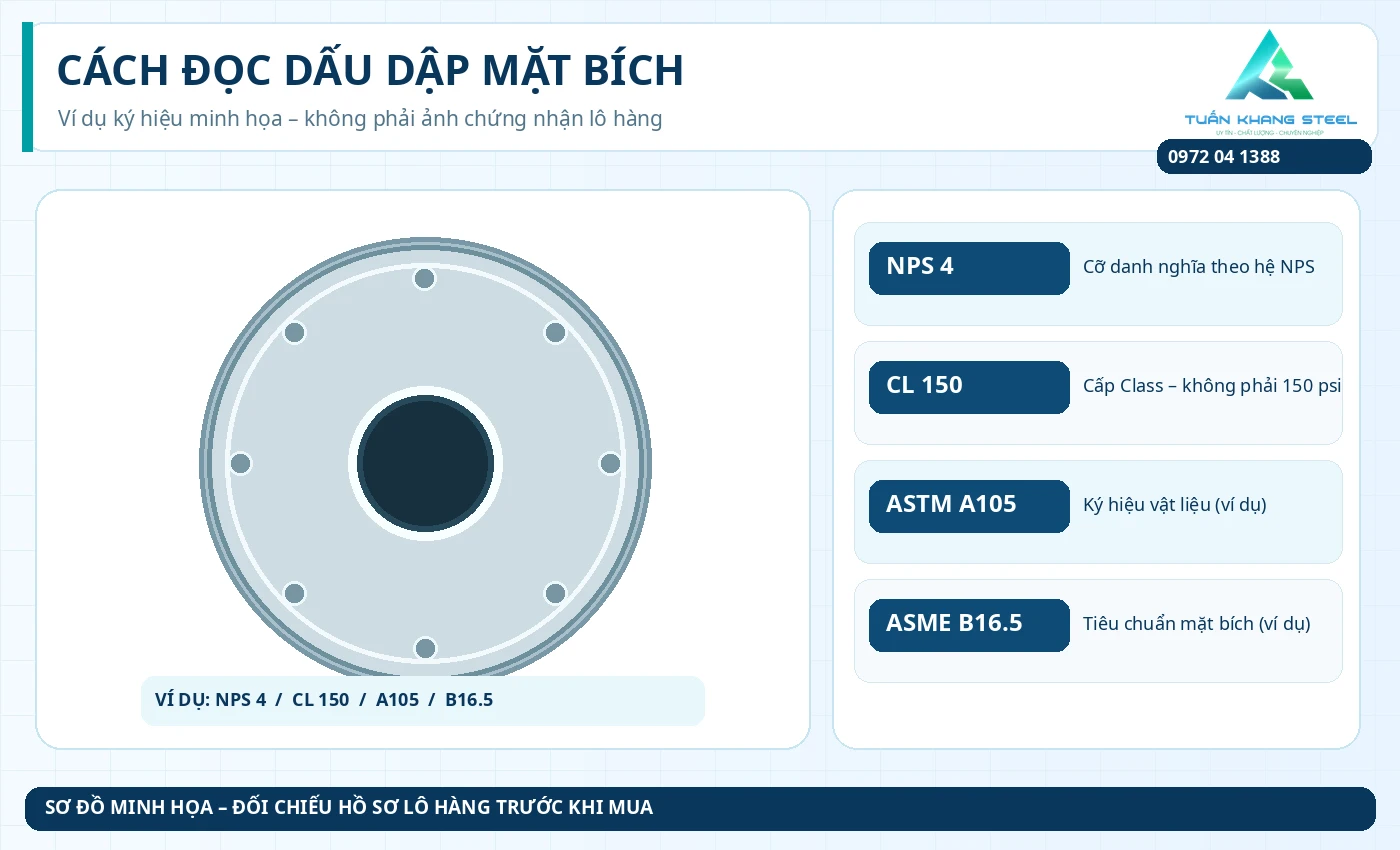 Sơ đồ ví dụ đọc dấu dập mặt bích thép NPS 4 Class 150 ASTM A105 ASME B16.5 - Tuấn Khang Steel