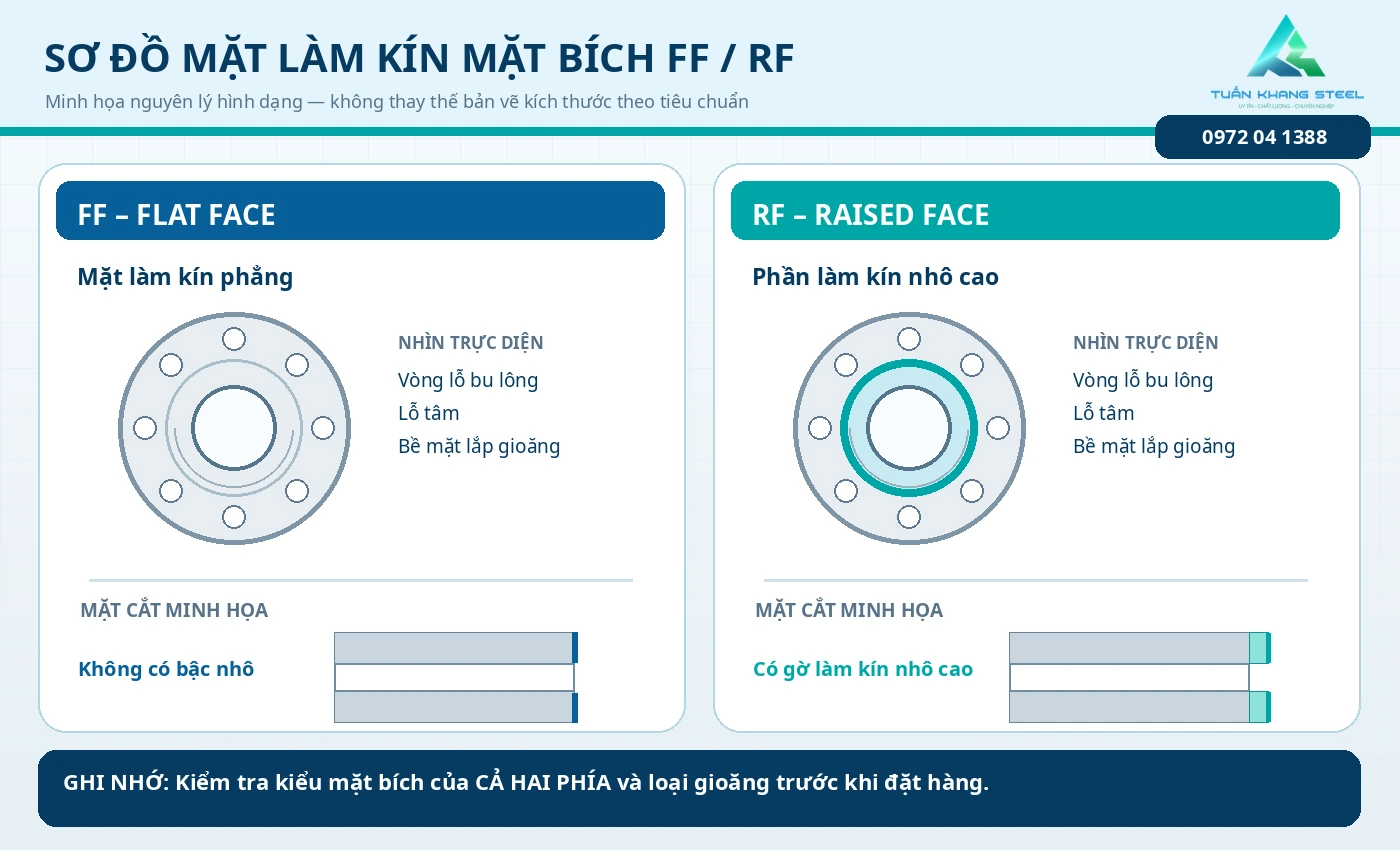 Sơ đồ so sánh mặt bích FF mặt phẳng và RF có gờ nhô, mặt nhìn trực diện và mặt cắt – Tuấn Khang Steel