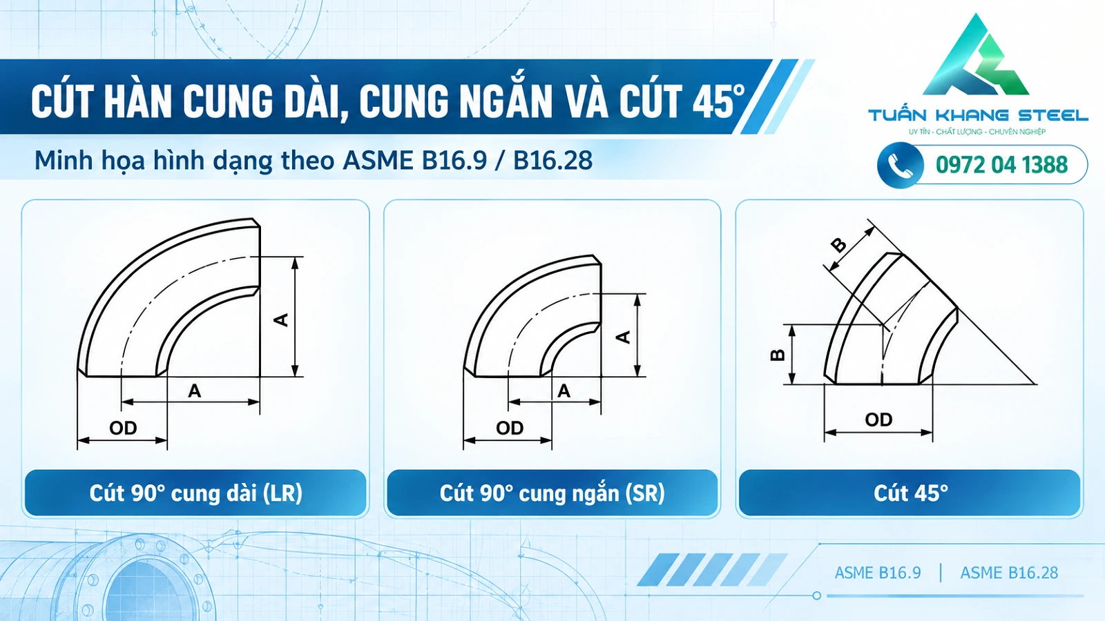 Sơ đồ co hàn 90 độ bán kính dài LR, bán kính ngắn SR và cút hàn 45 độ, ký hiệu A B OD tham khảo ASME