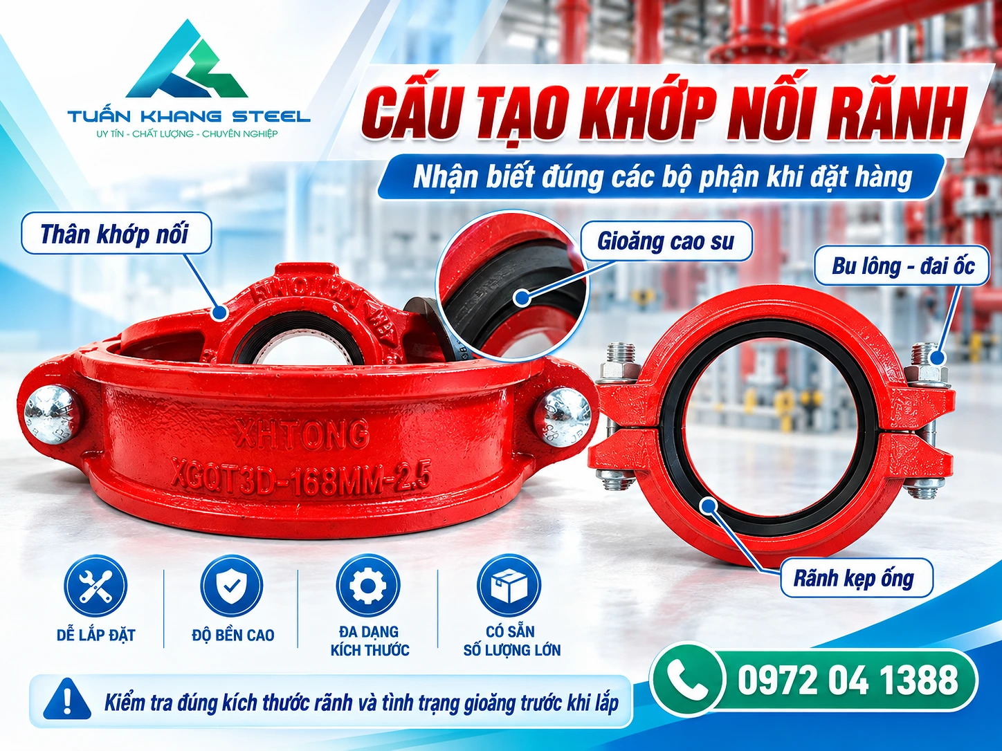 Ảnh cấu tạo khớp nối rãnh PCCC có thân khớp, gioăng và bu lông