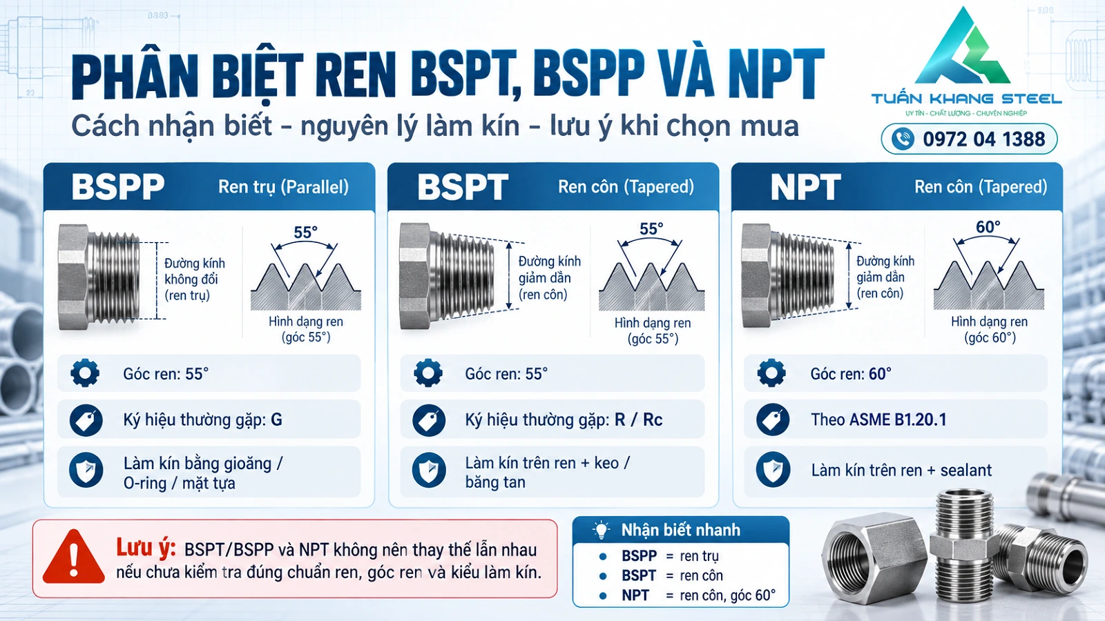 Ren BSPT BSPP và NPT khác nhau thế nào - sơ đồ ren côn, ren trụ 55 và 60 độ, Tuấn Khang Steel