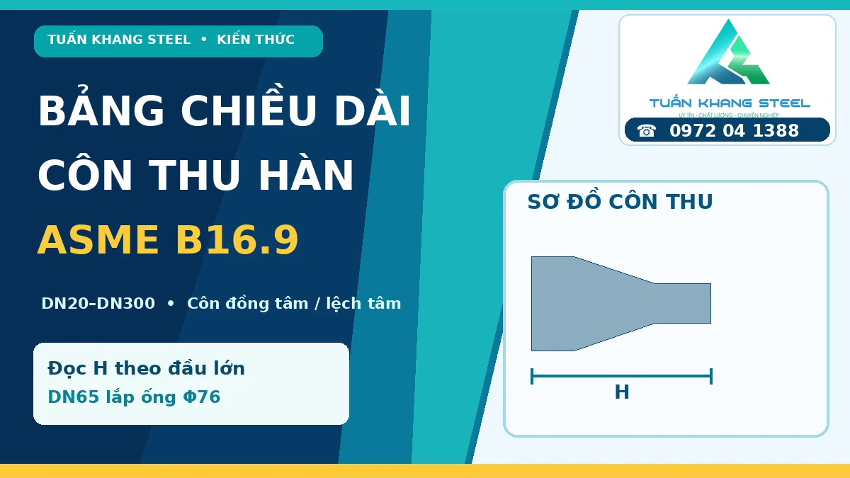 Bảng chiều dài côn thu hàn ASME B16.9 và sơ đồ kích thước H Tuấn Khang Steel